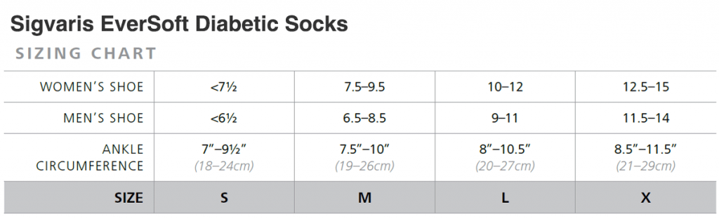 Sigvaris Eversheer Diabetic Socks Size Chart