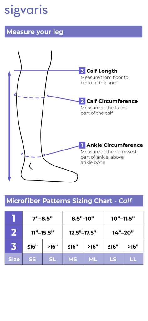 Size chart for Sigvaris Style Microfiber Patterns 