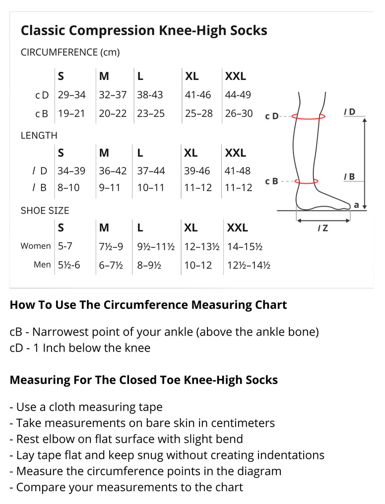 Solidea Classic Medical Knee High Compression Socks Sizing Chart