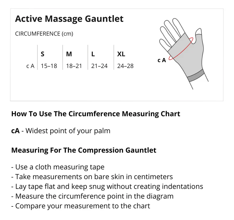 Solidea Active Massage Gauntlet sizing chart