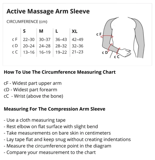 Solidea Active Massage Bi-Lateral Arm Sleeve w:Connective Shoulder Band sizing chart