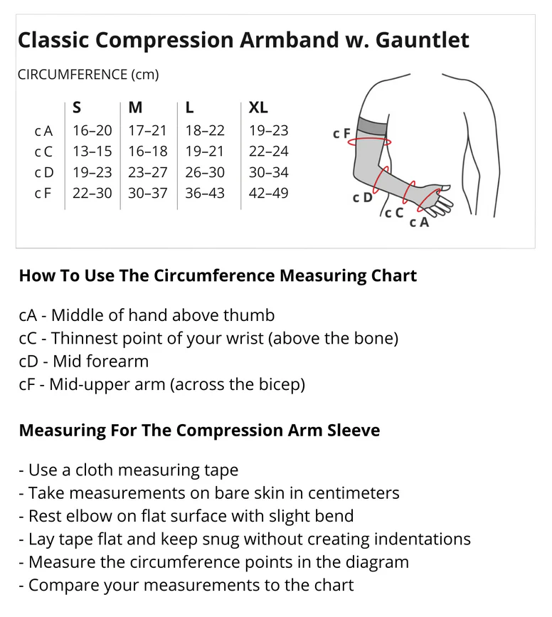 Solidea Classic Medical Armband w:Gauntlet sizing chart