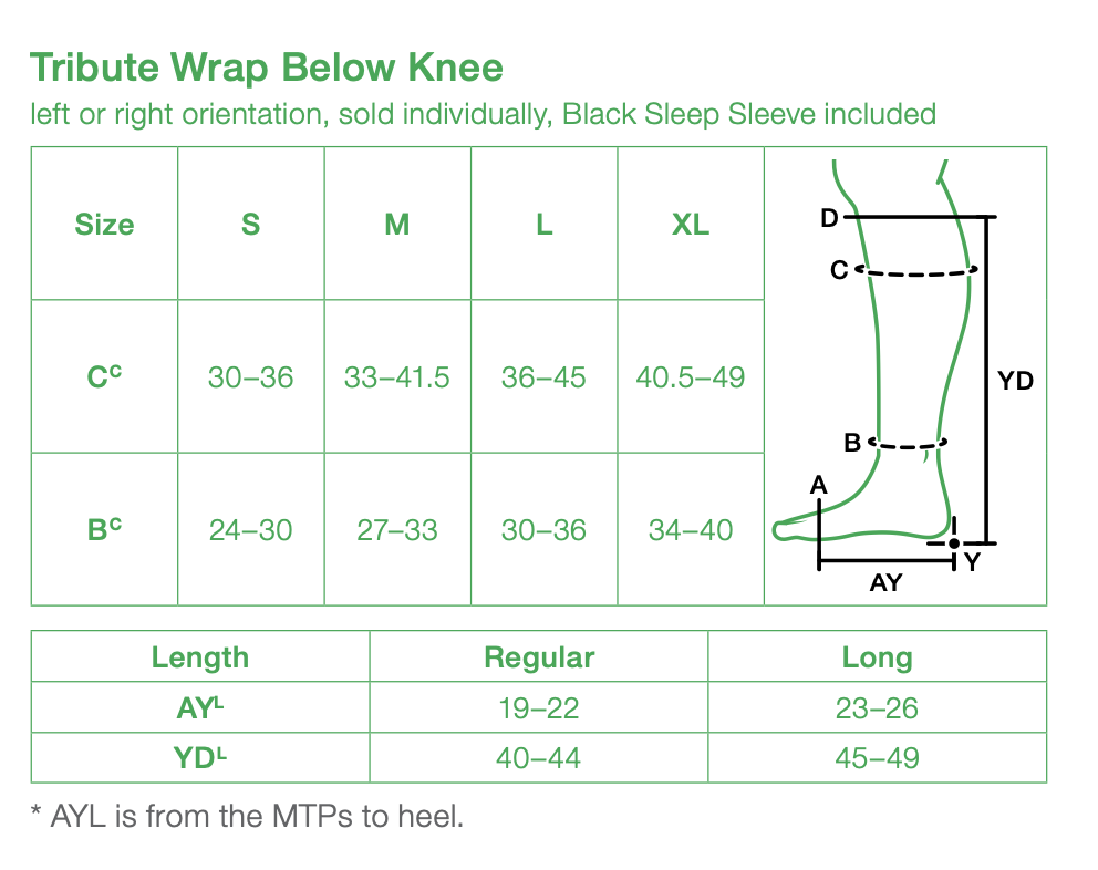 Lohmann & Rauscher Tribute Wrap Sleep Sleeve Below Knee sizing chart